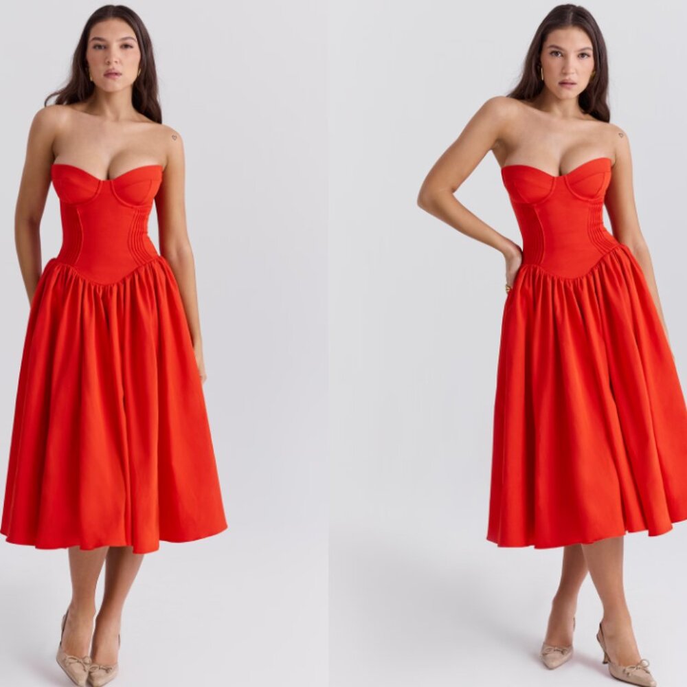 HOUSE OF CB 'Elizabeth' Italian Tomato Strapless Midi Sundress NWOT